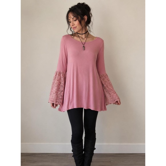 Cable & Gauge Tops - Lace Bell Sleeve Tunic Dusty Rose Whimsigoth Bohemian Cute Country Cowgirl Small